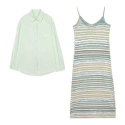 Lu Xiao Tuantuan ເສື້ອຍືດສີແຂງ striped suspender skirt suits ສໍາລັບແມ່ຍິງ 2024 ພາກຮຽນ spring ໃຫມ່ແບບເກົາຫລີ salt style outfit