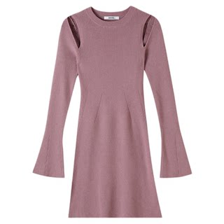 Snidel2025 autumn and winter new temperament round neck hole-in-the-shoulder off-shoulder long-sleeved knitted dress swno254321