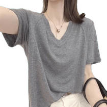 Gray right shoulder V-neck ice silk knitted short-sleeved T-shirt for women summer new Korean style loose large size fat MM t-shirt top