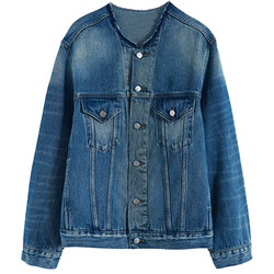 WinnieTang cotton distressed retro washed denim jacket classic collarless loose silhouette crop top