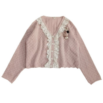 ສາວປ່າໄມ້ຫວານສາວ lace stitching hollow knitted cardigan sweater ດູໃບໄມ້ລົ່ນແລະລະດູຫນາວ retro ເສື້ອຍືດອາຍຸການຫຼຸດຜ່ອນອາຍຸ
