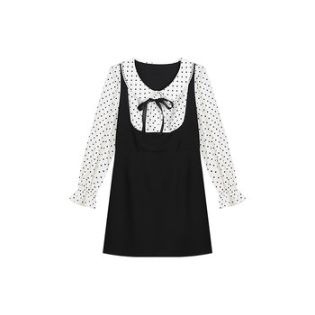 College style a-type polka dot splicing doll collar dress