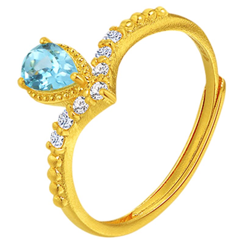 Old temple gold pure gold topaz crown ring live mouth adjustable ocean blue fresh water drop V-shaped display hand repair