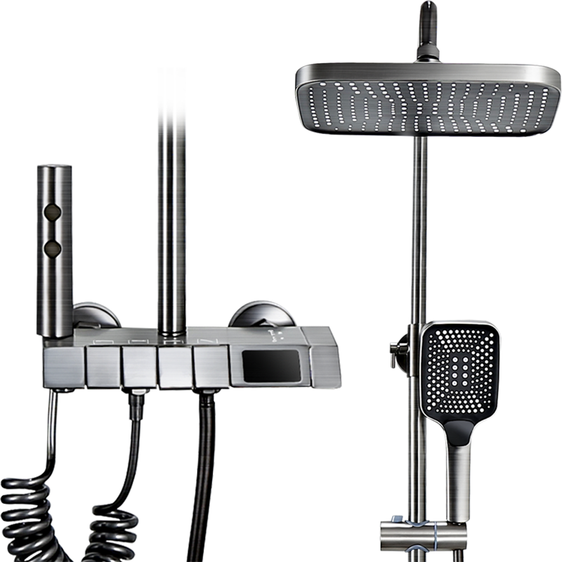 全銅槍灰色恆溫花灑套裝適用所有熱水器智能數顯四檔增壓淋浴