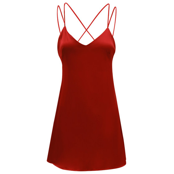Suspended nightgown for women in spring, autumn, summer, pajamas for women in 2024, new thin ice silk backless sexy red short skirt