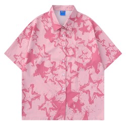 Wukong is in stock for summer star printed pink short-sleeved floral shirt men's trendy brand street loose and versatile couple shirt