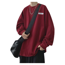 Burgundy long-sleeved T-shirt for men in spring and autumn new style pure cotton trendy brand bottoming shirt with American high street casual top