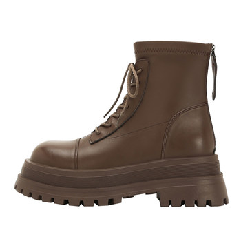 Qingmanjia Brown Martin Boots Women's 2024 Autumn and Winter New Style Street British Style ເກີບໜັງແທ້ Retro Pancake ເກີບສັ້ນແບບໜາ