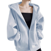 Hooded blue sweatshirt jacket for women spring and autumn new oversize loose cover flesh slimming casual zipper cardigan