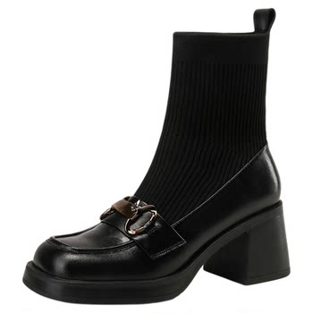 Saturday 2025 new short boots square toe women's shoes winter plus velvet warm mid-calf women's socks boots