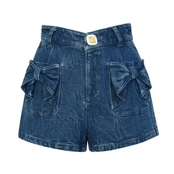 Lefame lafayam summer bow ຮ່ອງກົງແບບໂລຫະເພັດ pocket denim ບາດເຈັບແລະສັ້ນຂອງແມ່ຍິງ pants ຮ້ອນ