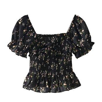 ເສື້ອຢືດແຂນສັ້ນມີແຂນຍາວ chiffon floral ຝຣັ່ງ