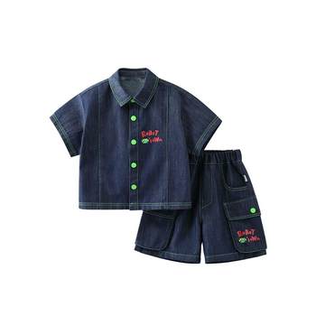 Qi Qi Xiong Boys Denim Shirt suits Summer Children 2024 New Summer Clothes Two-piece Set Boy Baby Work Clothes Summer