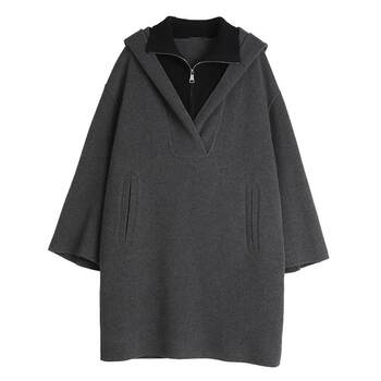 ELLE绵羊毛混纺双面呢大衣女2025冬季新款灰色中长款套头毛呢大衣