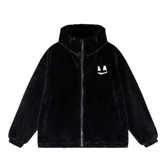 ER smiley imitation rabbit fur coat trendy couple loose plush thickened hood