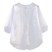 Designed pleated white cotton shirt womens round neck 7-quarter sleeve summer loose casual shirt versatile pullover top
