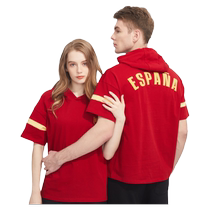 Official product of the Spanish national team丨Hooded short-sleeved sweatshirt casual loose red contrasting hooded terry T-shirt