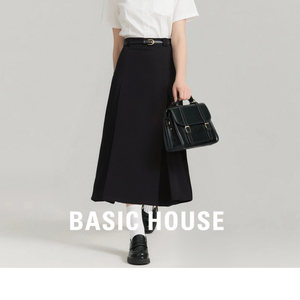 Basic House/百家好百褶半身裙女25秋冬季垂感高腰直筒中长A字裙