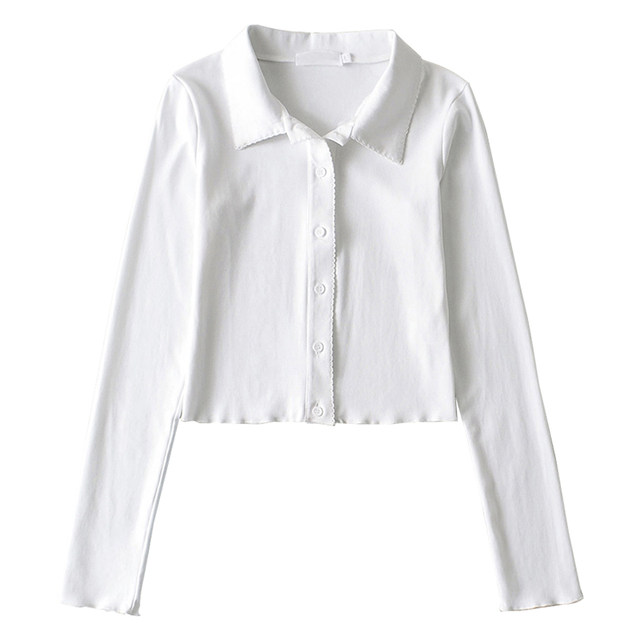 WSSTUDIOS European and American retro polo collar lace long-sleeved cardigan top women's slim short versatile simple T-shirt