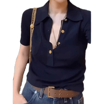 POLO collar right shoulder ice silk knitted short-sleeved T-shirt womens summer thin loose fashion versatile temperament lapel top