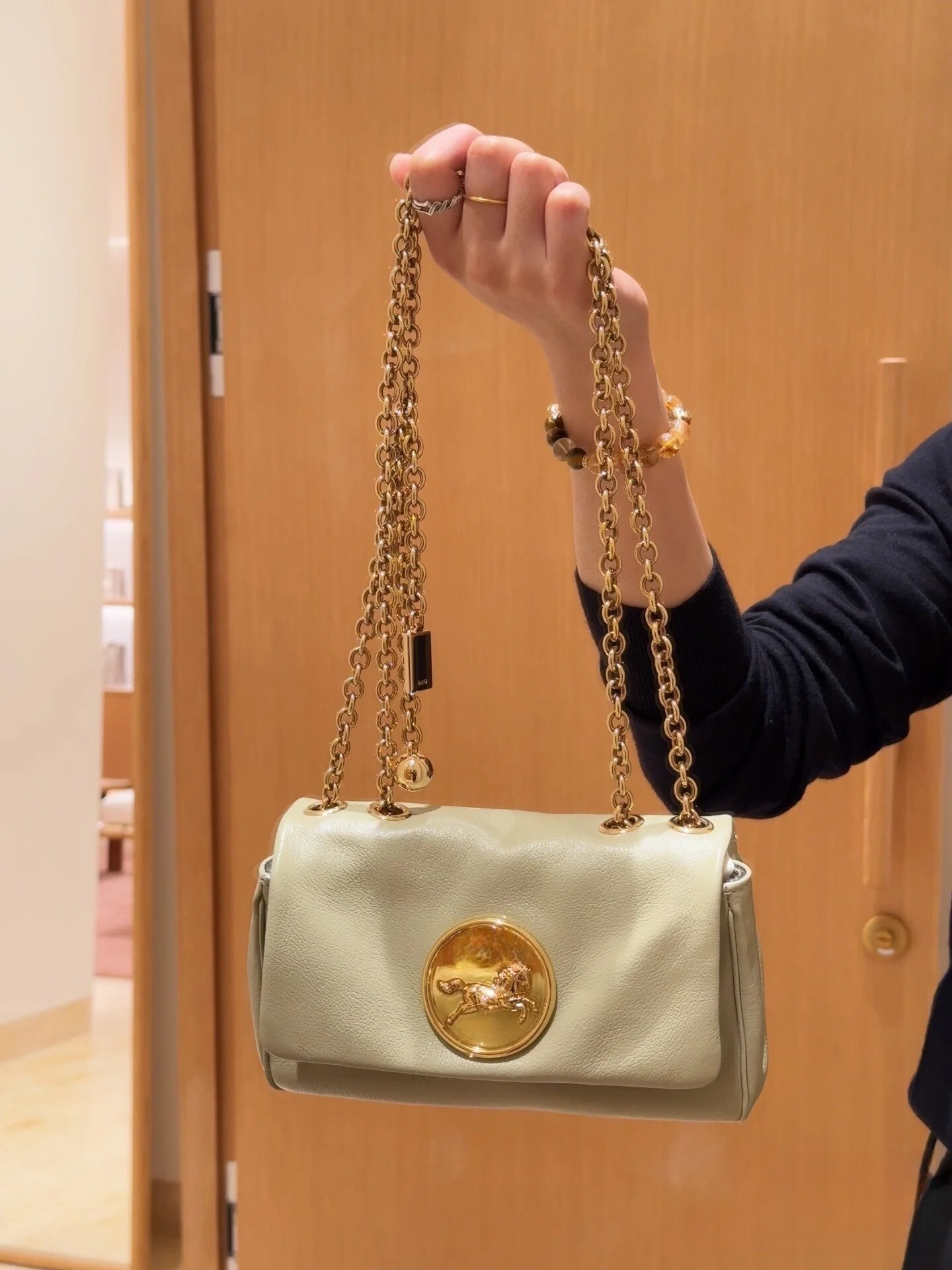 New Heritage gold coin chain bag, calfskin accordion evening bag, vintage horse-themed shoulder/crossbody messenger bag.