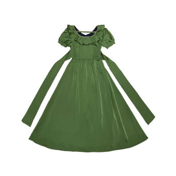 Whale Original Homemade Retro Puff Sleeve Lotus Round Neck Bow French Midi Skirt Green Satin Dress