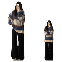 Maternity wear autumn and winter 2024 new design Japanese retro loose thickened high-end lazy style striped sweater