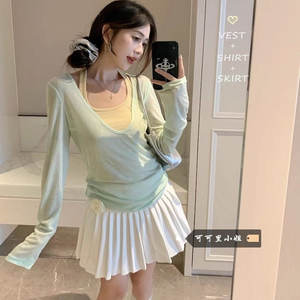 网红款薄荷绿内搭叠穿V领防晒长袖T恤女显瘦正肩纯色辣妹上衣夏装