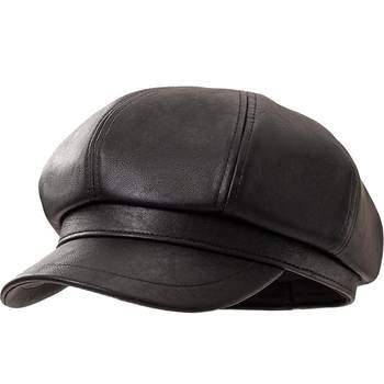 Visual face-slimming pu leather octagonal hat with small and big head circumference