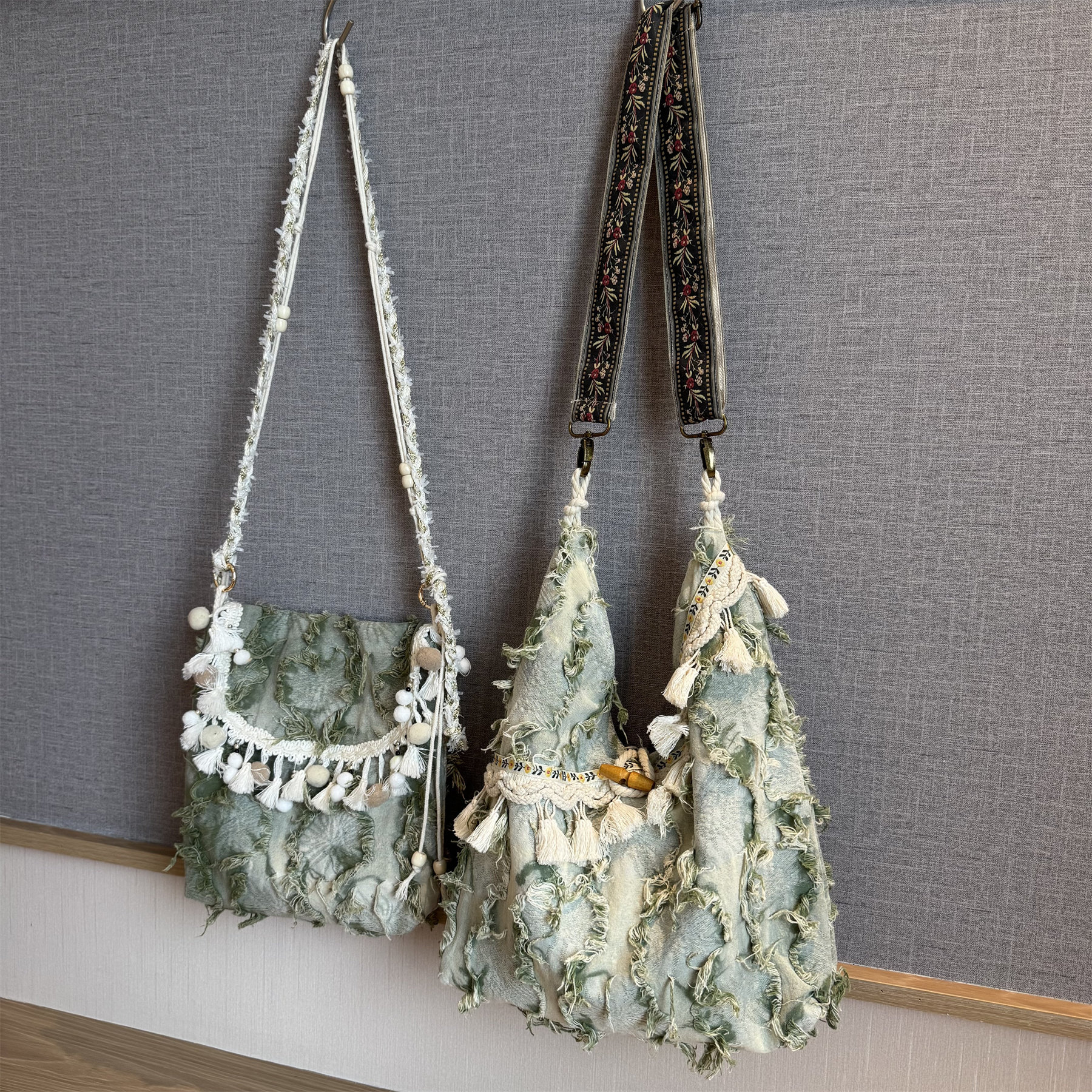 [Tie-dye Green] Wild Tassel Natural Aesthetic Fabric Bag, Large Capacity, Shoulder Bag, Crossbody Bag, Versatile Women's Bag for Outings