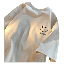 Summer pure cotton smiley face short-sleeved T-shirt mens trendy brand 2024 new mens loose white printed half-sleeved clothes