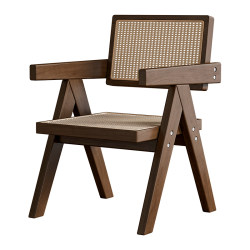 Solid Wood Dining Chair for Home Use, Mid-Century Chandigarh Style, Wabi-Sabi Style, Soft Cushion Armrest Chair, Leisure Rattan Chair