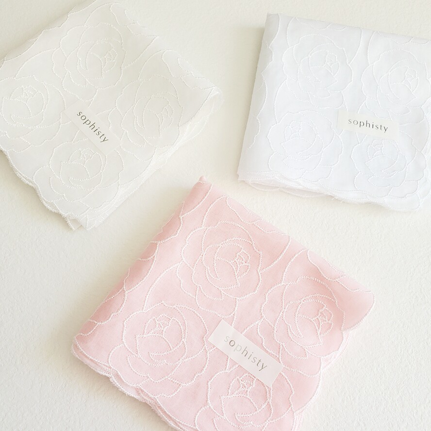 In-Stock Sophisty Japanese-Made Women's Soft, Lightweight, Rose Lace Embroidered Pure Cotton Handkerchief