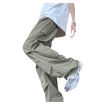 Military Green Pleated Ice Silk Paratrooper Pants Mens 2024 New Summer Youth Straight Leg Loose Casual Pants
