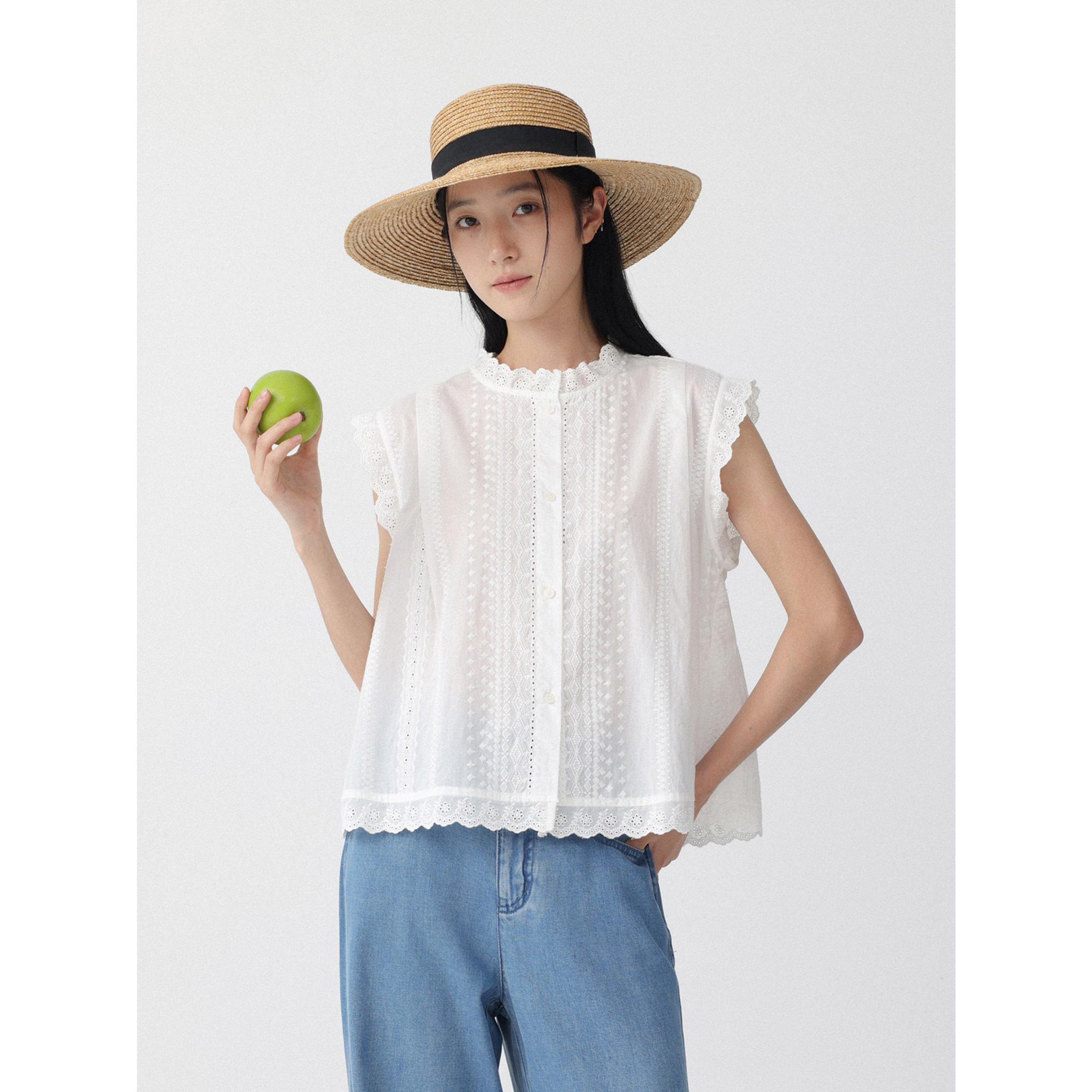 เสื้อเชิ้ตแขนกุด ผ้าฝ้าย 100% ปักลูกไม้ สไตล์ลำลอง คอปกตั้ง ทรงหลวม ‘Konghua Zhibai’ แคลอรี่ต่ำ