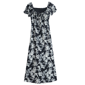 ronron square collar black floral temperament dress 2023 summer new style French waist slimming high waist long skirt T