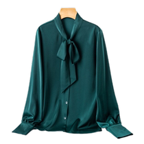 No wrinkles no ironing French bow ribbon silk texture shirt ~ loose commuter satin long-sleeved shirt for women