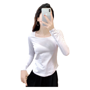 ເສື້ອຍືດແຂນຍາວແບບ u-neck curved irregular lust style for hot girls, slim fit and versatile bottoming top.