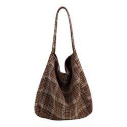 Korean Style Autumn and Winter New Retro Plaid Woolen Tote Bag for Women, Large Capacity, Lazy Style Bucket Bag, Single Shoulder Commuter Bag