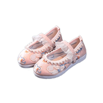 Spring new childrens embroidered cloth shoes Hanfu shoes girls flat pearl lace princess shoes Chinese style costume shoes