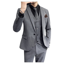 2023 Spring Suit Mens Suit Groom Wedding Dress Korean Style Slim Professional Suit Three-piece Gray Stripe