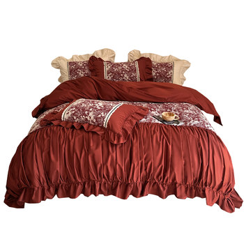 French romantic wedding bedding 100 long velvet cotton embroidery red wedding quilt cover bed sheet four-piece set