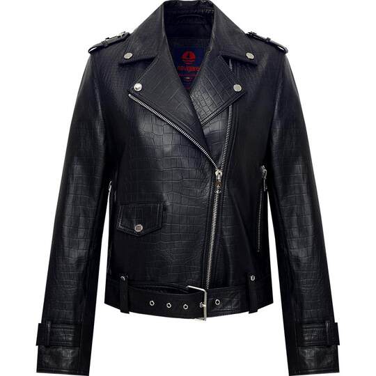 [羊皮]Navigare意大利小帆船黑色鳄鱼纹皮衣秋季短款皮夹克外套女