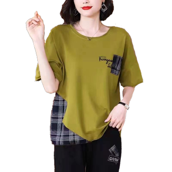 Summer fake two-piece short-sleeved t-shirt for women, slim, loose, large, ກາງເກງຂອງແມ່, ຄໍຮອບ, ກວມເອົາຫນ້າທ້ອງ mm.