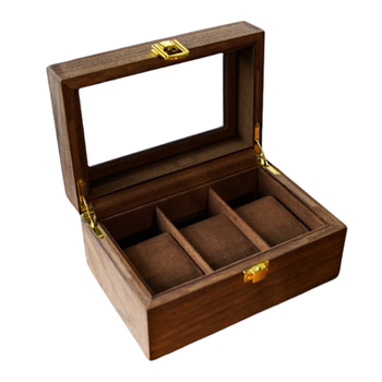 Black walnut wood grain brown velvet 3-position mechanical watch storage box