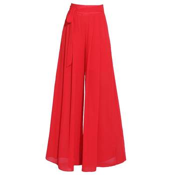 ສີແດງ chiffon culottes ສໍາລັບແມ່ຍິງ summer ບາງໆ 2024 ຮູບແບບໃຫມ່ drapey ສູງວ່າງຂາກ້ວາງ pants elegant ກາງເກງຍາວ