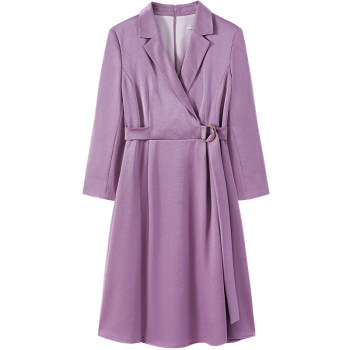 LANDI Blue Purple Suit Collar Tie Waist Dress Women's Commuting Nine-quarter Sleeve Skirt Spring ສິນຄ້າໃຫມ່