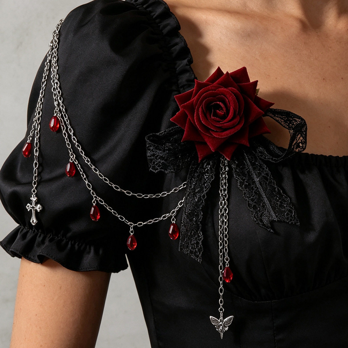 Sweet and cool Halloween rose brooch, dark gothic style moth with blood dripping tassel pin, European and American nightclub accessories