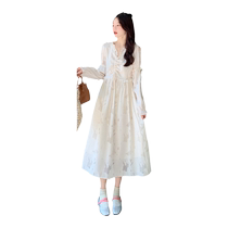 Maternity wear spring and autumn 2024 new lace splicing V-neck lace-up waist slimming mid-length maternity dress