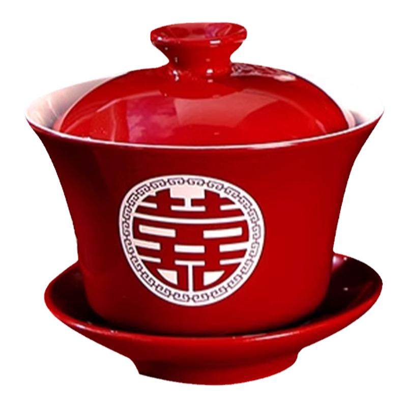 A pair of wedding cups and wedding bowls and chopsticks sets
